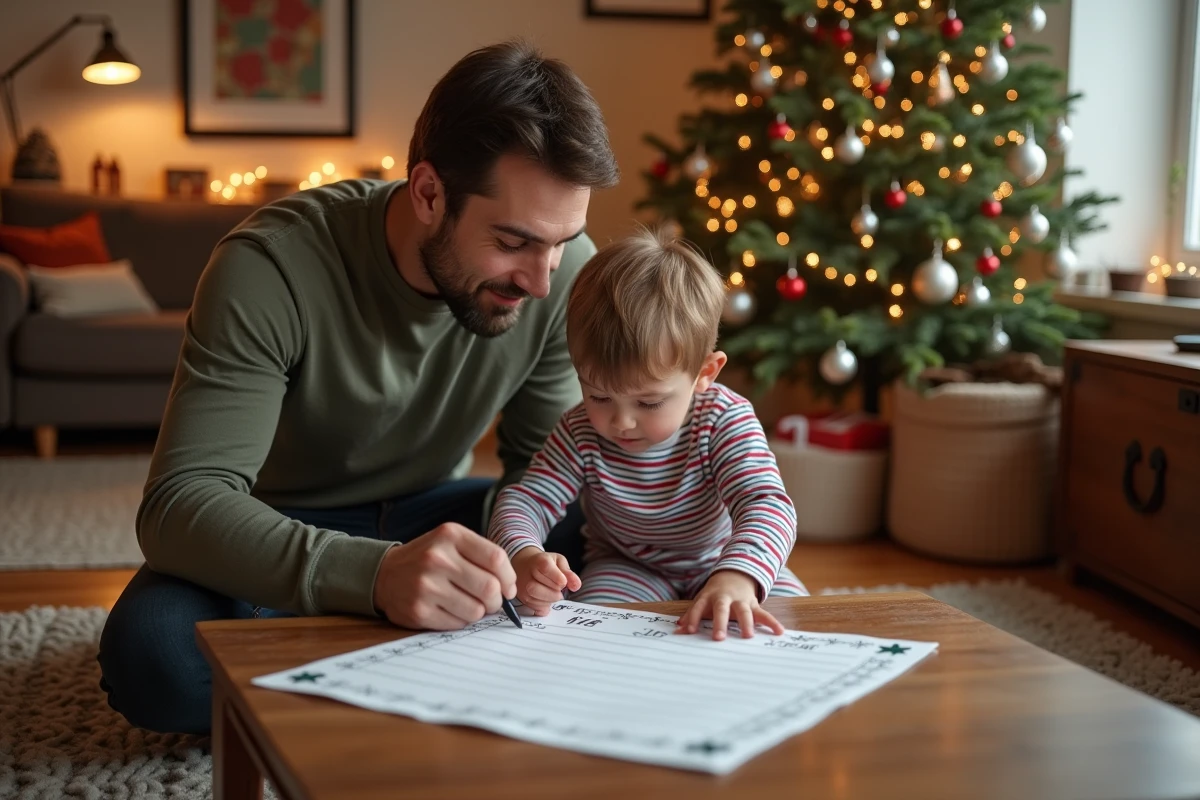 Père et fils en pyjama complétant ensemble une lettre au Père Noël imprimée sur la table basse du salon décoré pour Noël