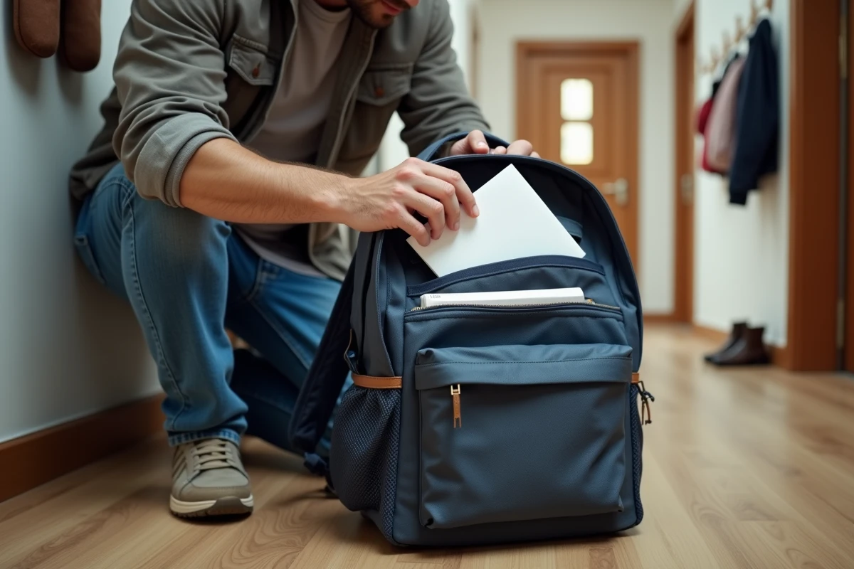 Père glissant une lettre d'absence dans le cartable de son enfant dans l'entrée
