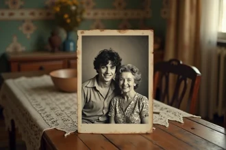 Vieille photographie de famille en noir et blanc des années 1970 posée sur une table en bois, évoquant les archives personnelles d'un chanteur célèbre