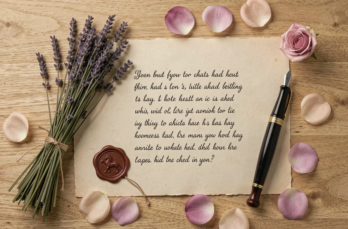 Poème manuscrit pour la fête des parents posé sur une table avec lavande et plume vintage