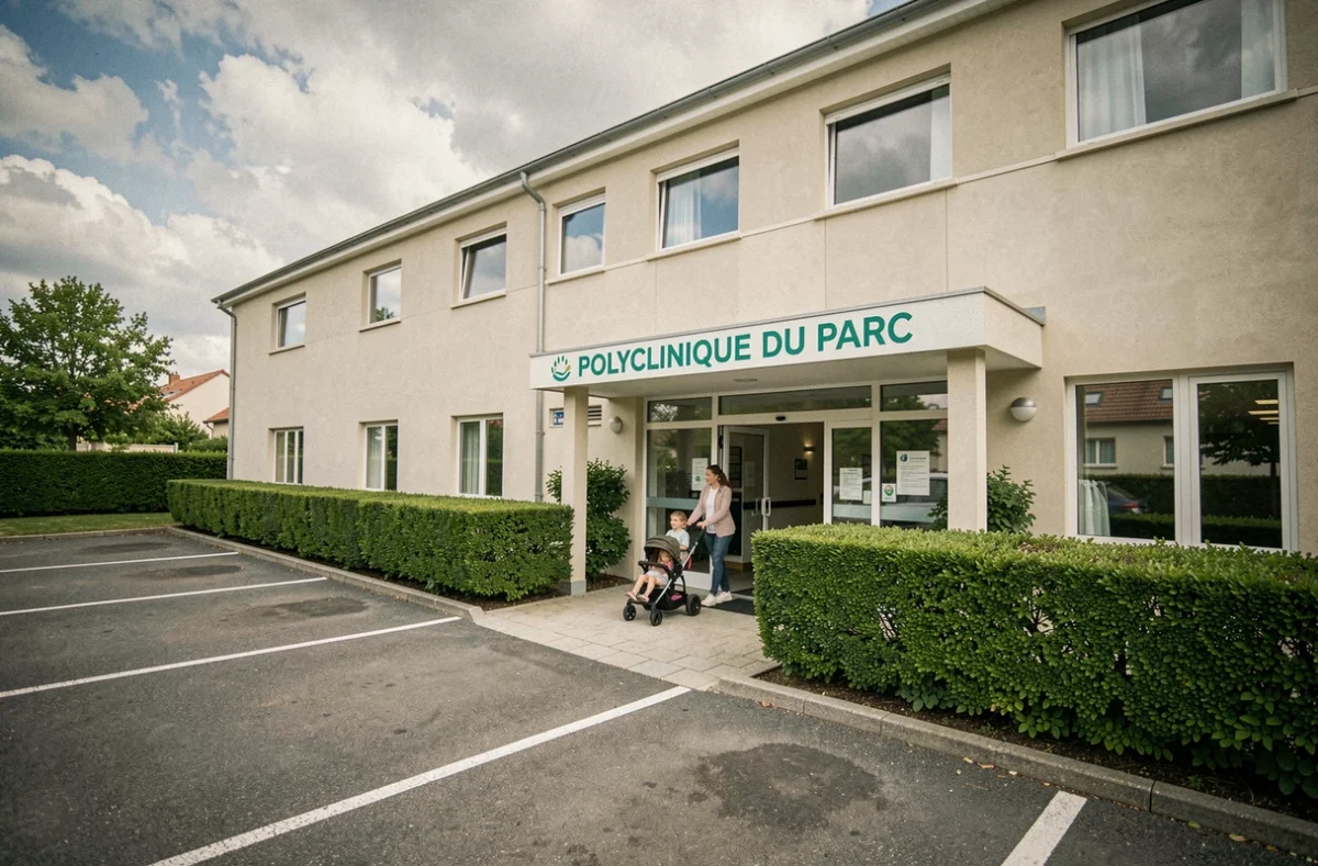 Entrée de la Polyclinique du Parc à Caen avec une famille et le service de pédiatrie