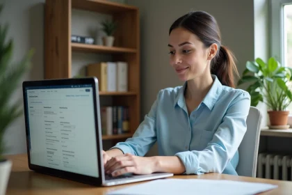 Femme utilisant le portail famille de Meudon sur son ordinateur portable depuis son bureau à domicile