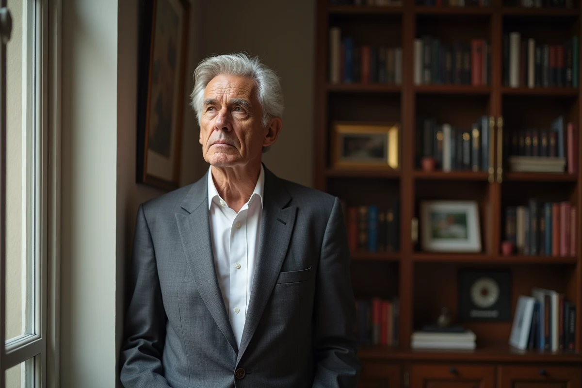 Portrait d'un homme distingué aux cheveux argentés dans un appartement parisien cultivé, compagnon discret d'une personnalité publique