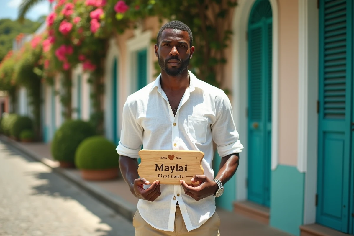 Homme martiniquais tenant une plaque gravée d'un prénom court devant une maison créole colorée en Martinique