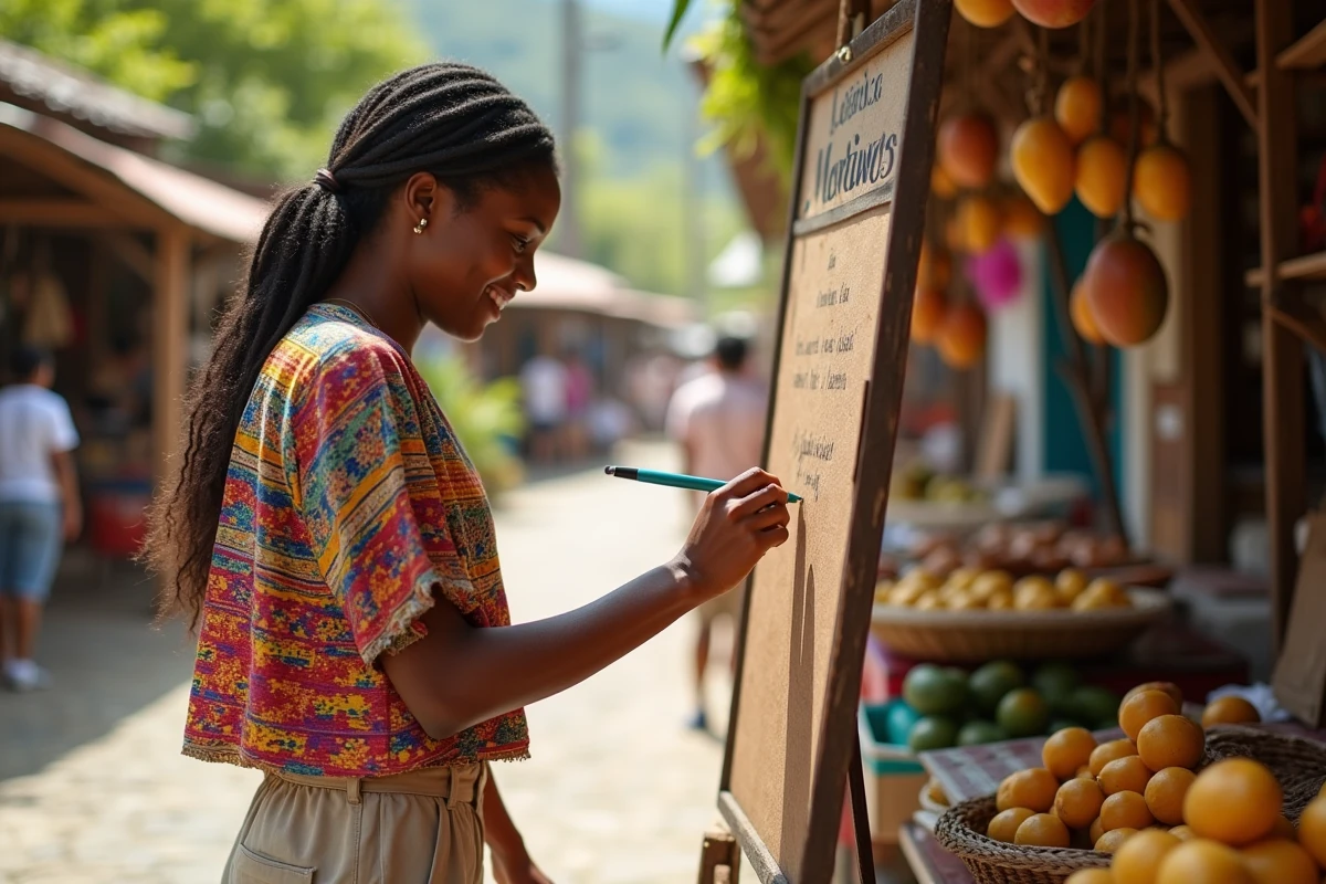 Jeune femme martiniquaise écrivant un prénom court sur une pancarte artisanale au marché tropical de Martinique