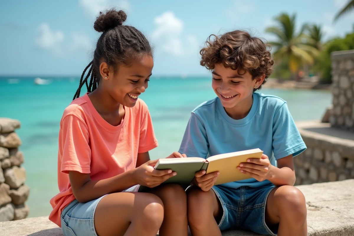 Deux adolescents martiniquais consultant une liste de prénoms courts dans un carnet au bord de la mer des Caraïbes