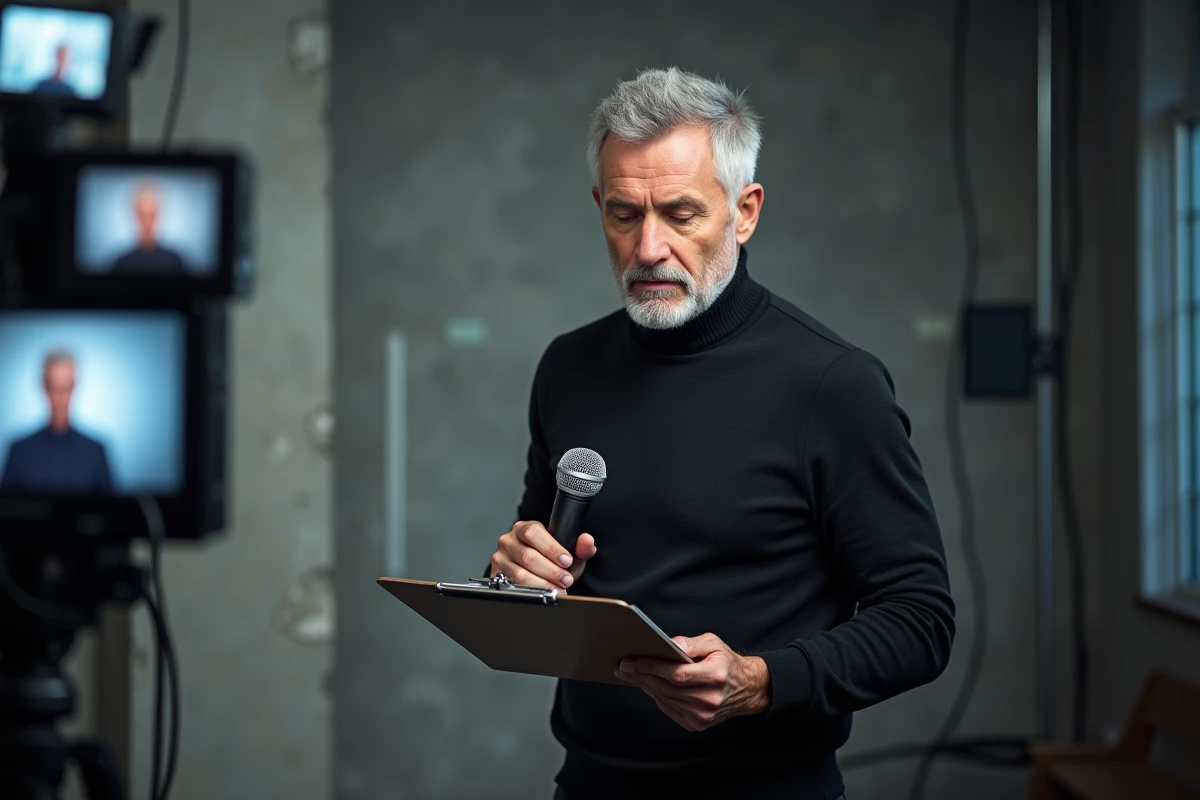 Présentateur de télévision en coulisses d'un studio de broadcast révisant ses notes avant une grande interview télévisée
