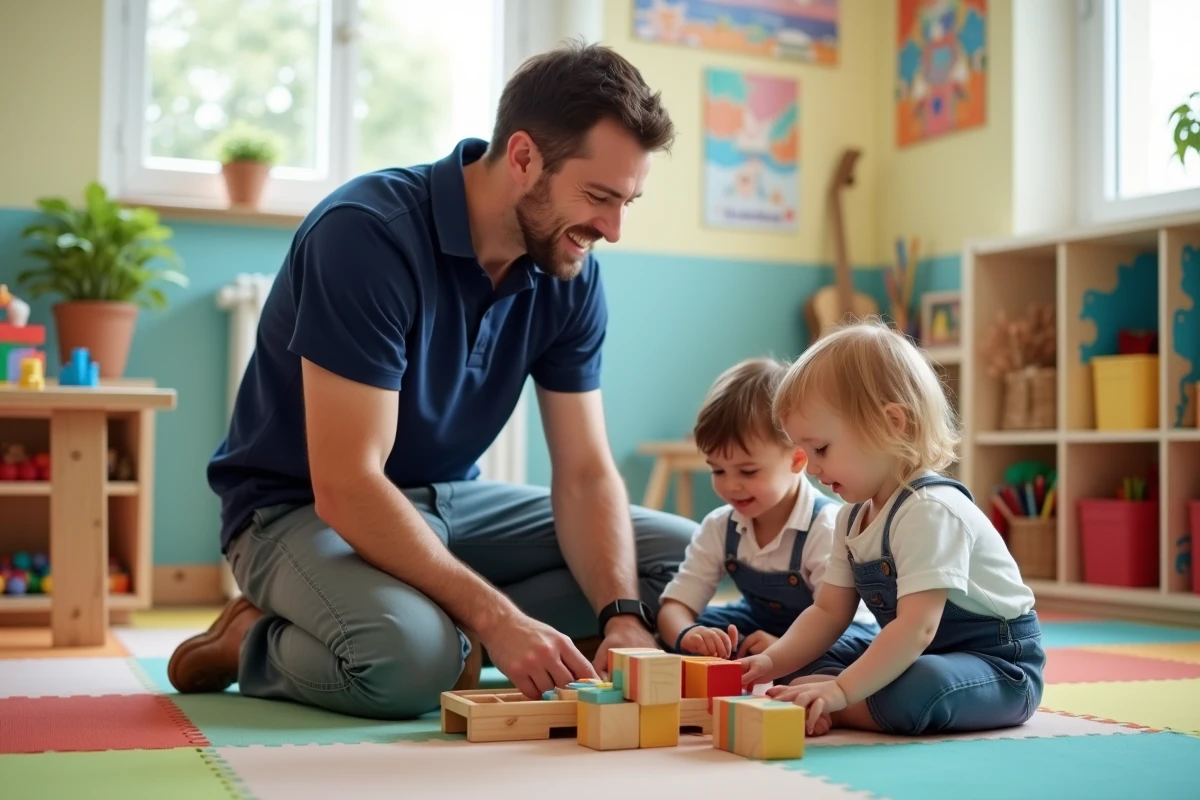 Professionnel de crèche accompagnant des enfants en bas âge dans une salle de jeux colorée
