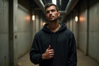 Rappeur français en coulisses, posture introspective, protégeant sa vie privée loin des projecteurs