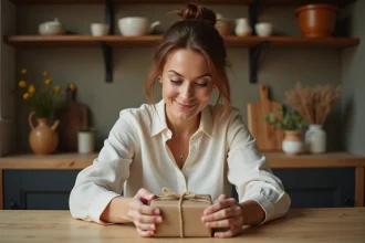 Femme exprimant sa gratitude en déballant un cadeau fait main sur une table en bois rustique dans une cuisine chaleureuse