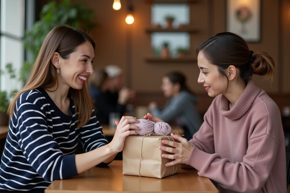 Deux amies échangeant un cadeau tricoté fait main dans un café cosy, moment de gratitude et de complicité entre femmes