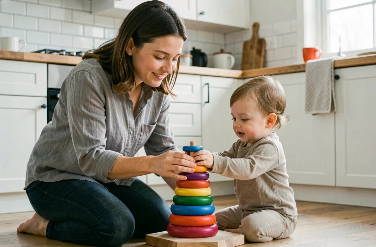 Mère et bébé de 16 mois jouant ensemble avec des anneaux en bois Montessori sur le sol de la cuisine pendant la routine matinale