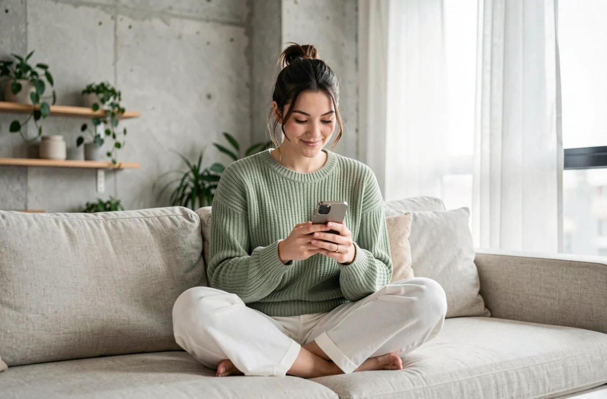 Jeune femme souriante sur son téléphone dans un appartement moderne, symbole des débuts romantiques à l'ère des réseaux sociaux