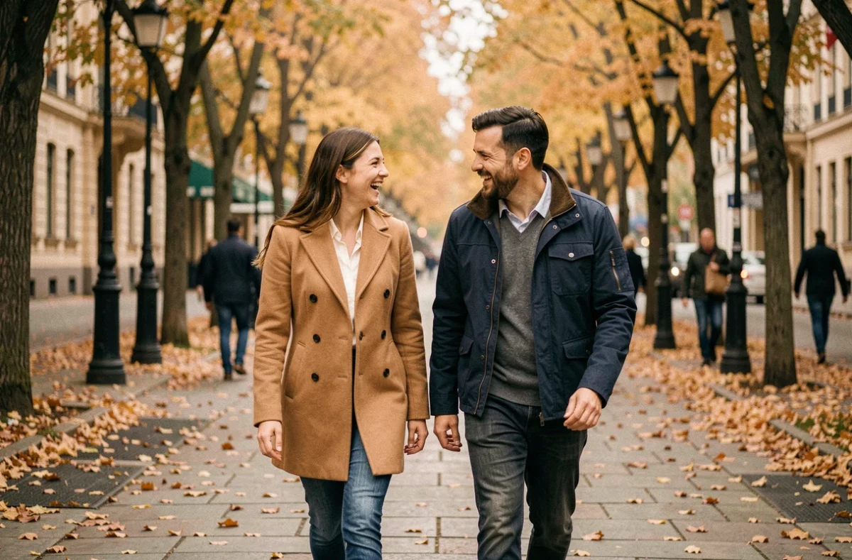 Couple complice se promenant sur une avenue parisienne en automne, évoquant les débuts d'une relation amoureuse