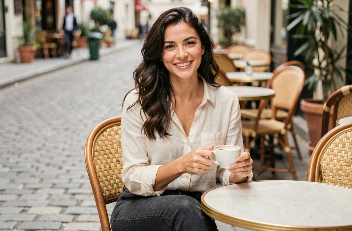 Femme souriante attablée en terrasse de café parisien, illustrant le début d'une histoire d'amour