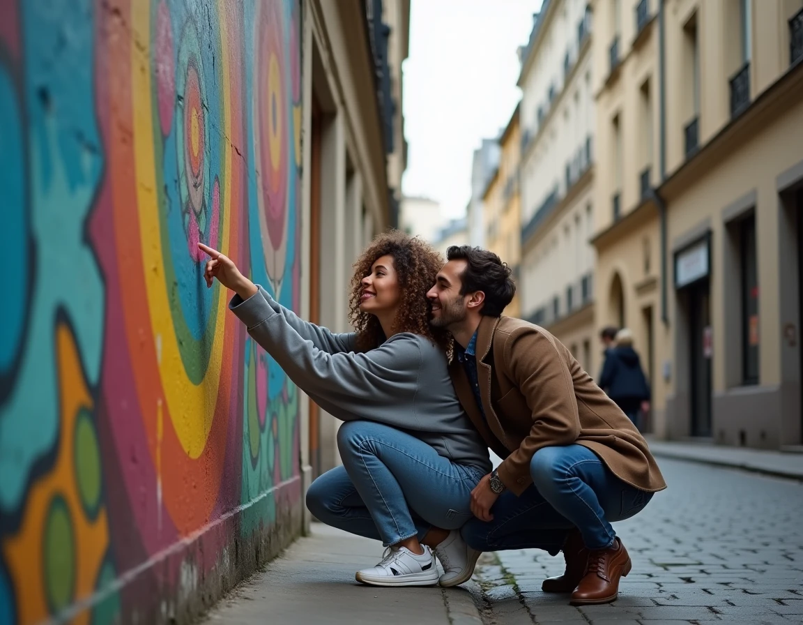 Deux amis découvrant une fresque de street art lors d'une visite guidée insolite dans un quartier de Paris
