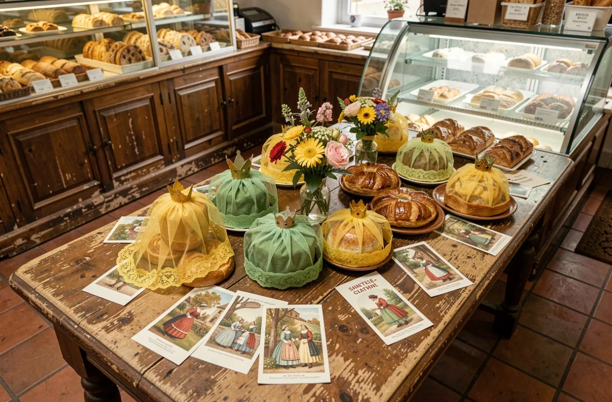 Table de célébration de la Sainte-Catherine avec bonnets traditionnels et pâtisseries régionales dans une boulangerie française