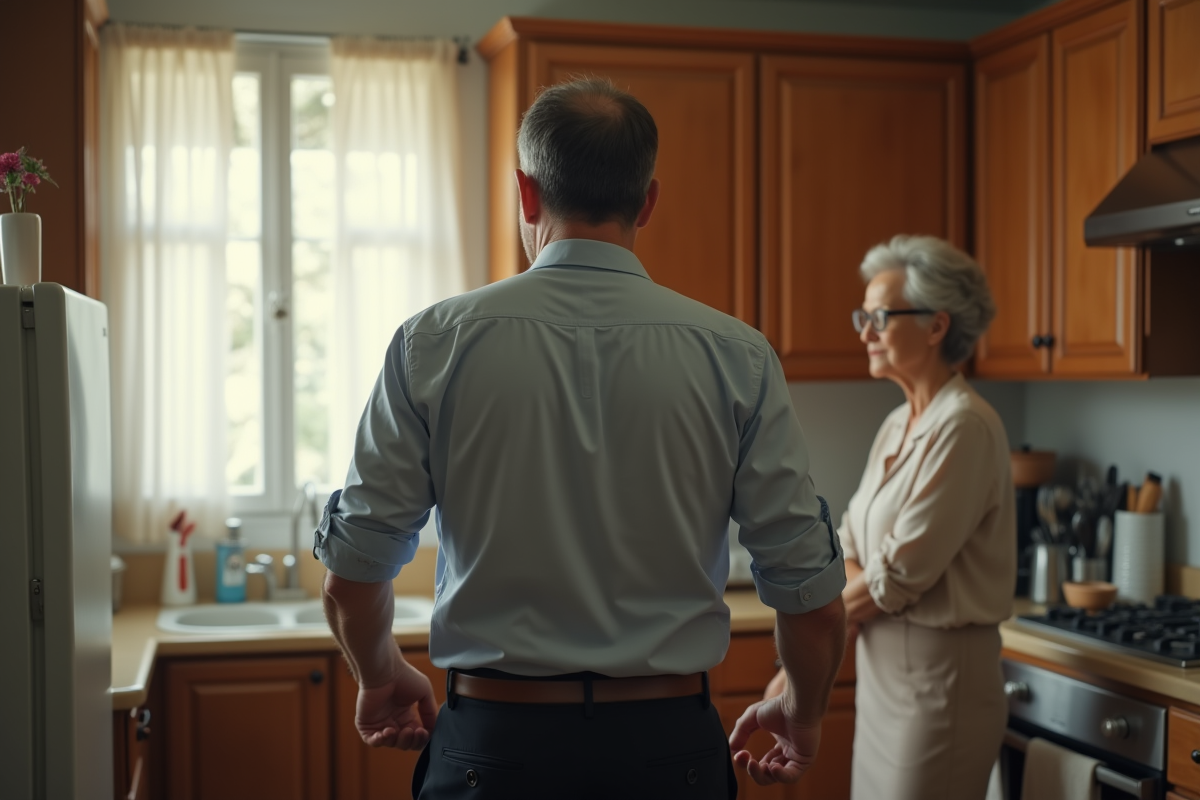 Homme et femme dans la cuisine montrant une tension silencieuse