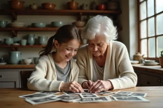 Grand-mère et petite-fille parcourant ensemble des photos de famille anciennes sur une table en bois rustique, transmission de la mémoire familiale entre générations