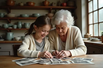 Grand-mère et petite-fille parcourant ensemble des photos de famille anciennes sur une table en bois rustique, transmission de la mémoire familiale entre générations