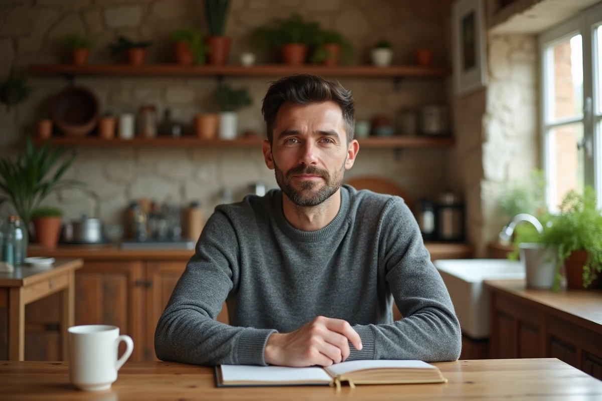 Homme en pull gris dans une cuisine française authentique, atmosphère de vie familiale quotidienne